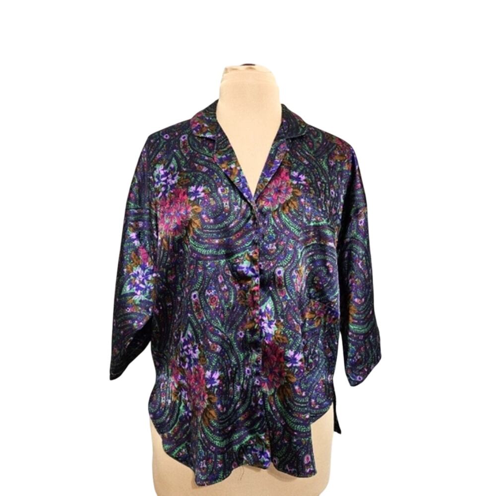 Kathryn Button Front Purple Short Sleeve Satin Pajama Top‎ Sleepwear PJs Medium